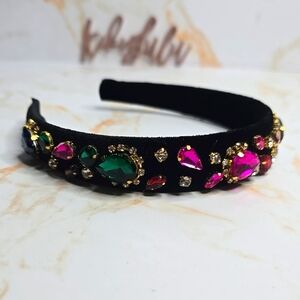 Embellished Black Headband with Multicolor Gems